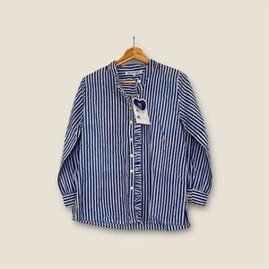 Blue White Striped Band Collar Blouse Button Ruffle Long Sleeve Small Feminine